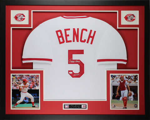 Johnny Bench Autographed HOF 89 Framed White Reds Jersey
