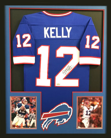 Jim Kelly Signed Framed Buffalo Bills Blue Custom Jersey with "HOF 02" Inscription