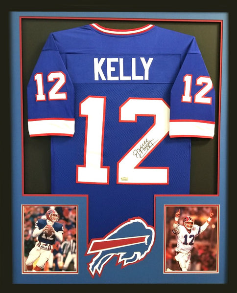 Jim Kelly Signed Framed Buffalo Bills Blue Custom Jersey with "HOF 02" Inscription