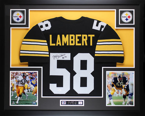 Jack Lambert Autographed "HOF 90" and Framed Black Steelers Jersey