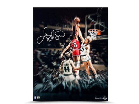 Larry Bird Autographed "Blocking the Doctor" 16 x 20
