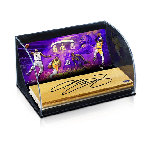 LeBron James Autographed NBA Game-Used Floor With “Purple & Gold” 10 x 8 Photo Curve Display