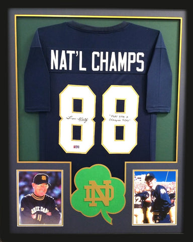 Lou Holtz Signed Signed Framed Notre Dame Fighting Irish Blue Custom Jersey With "Play Like A Champion Today" Inscription