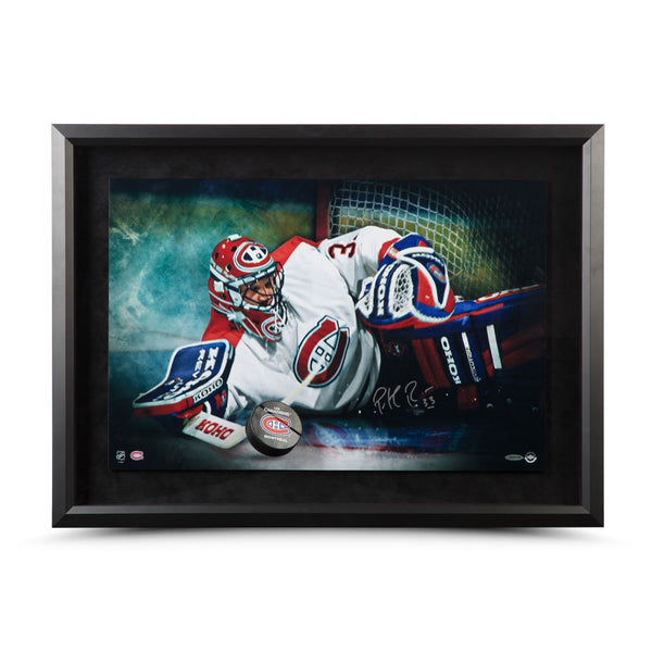 Patrick Roy Autographed "Save" Breaking Through 24 x 16