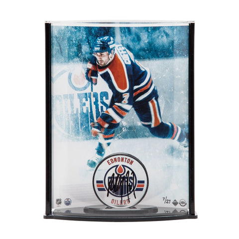Paul Coffey Autographed Edmonton Oilers Puck with Oilers Picture Curve Display