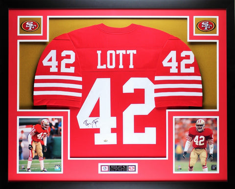 Ronnie Lott Autographed and Framed Red 49ers Jersey