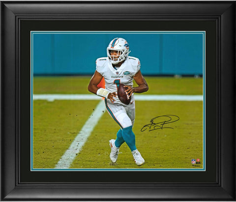 Tua Tagovailoa Miami Dolphins FRMD Signed 16x20 White Jersey Rolling Out Photo