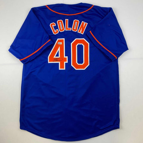 Autographed/Signed Bartolo Colon New York Blue Baseball Jersey Beckett BAS COA