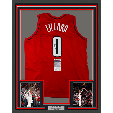 Framed Autographed/Signed Damian Lillard 33x42 Portland Red Jersey JSA COA