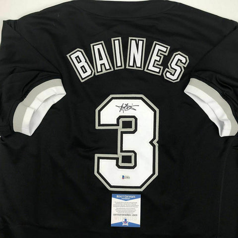 Autographed/Signed HAROLD BAINES Chicago Black Baseball Jersey Beckett BAS COA