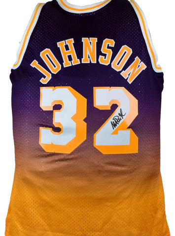 Magic Johnson Signed Lakers Fadeaway Purple Mitchell & Ness Swingman Jsy-BAWHolo