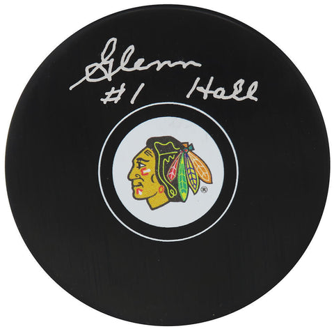 Glenn Hall Signed Chicago Blackhawks Team Logo Hockey Puck - (SCHWARTZ COA)