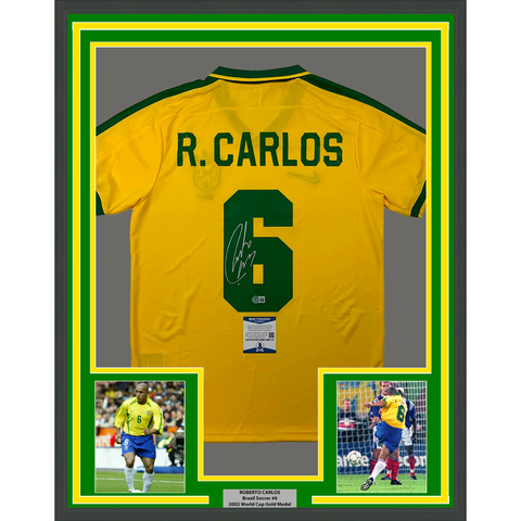 Framed Autographed/Signed Roberto Carlos 33x42 Yellow Retro Jersey BAS COA