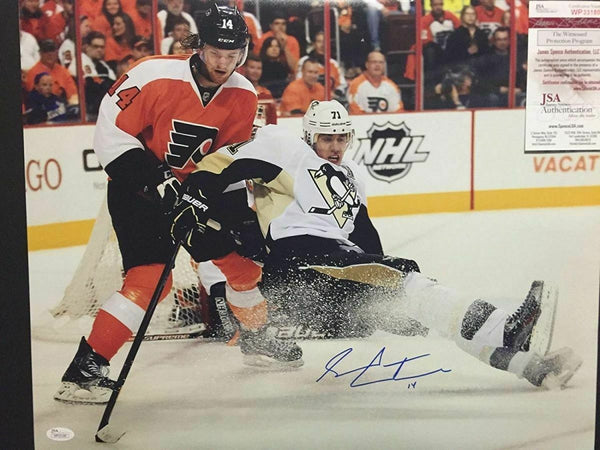 Autographed/Signed SEAN COUTURIER Flyers Vs Malkin 16x20 Hockey Photo JSA COA