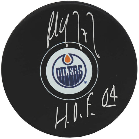 Paul Coffey Signed Edmonton Oilers Logo Hockey Puck w/HOF'04 - (SCHWARTZ COA)