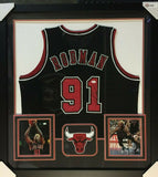 Dennis Rodman Signed Chicago Bulls 36" x 39" Framed Black Jersey (JSA COA)