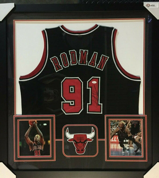 Dennis Rodman Signed Chicago Bulls 36 x 39 Framed Black Jersey (JSA –  Super Sports Center
