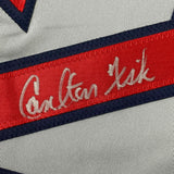 Framed Autographed/Signed Carlton Fisk 33x42 Boston Grey Baseball Jersey JSA COA