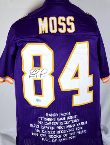 Randy Moss Autographed Purple Pro Style STAT Jersey-Beckett W Hologram *Black