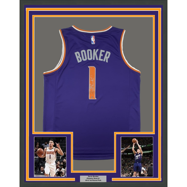 FRAMED Autographed/Signed DEVIN BOOKER 33x42 Phoenix Purple Basketball Jersey St