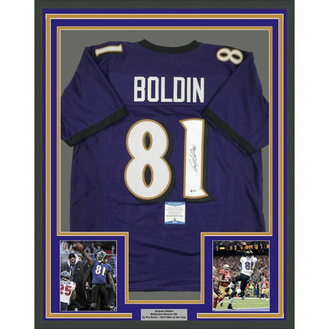 FRAMED Autographed/Signed ANQUAN BOLDIN 33x42 Baltimore Purple Jersey BAS COA