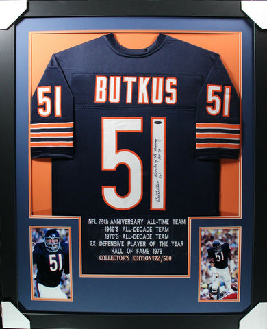 Dick Butkus Autographed/Signed Pro Style Framed Blue XL Jersey Tristar 35362