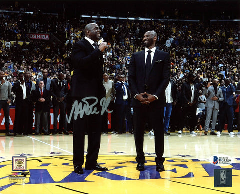 Lakers Magic Johnson Signed 8x10 Photo w/ Kobe Number Retirement BAS Witness 10