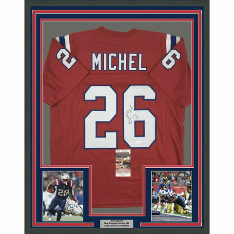 FRAMED Autographed/Signed SONY MICHEL 33x42 New England Red Jersey JSA COA Auto