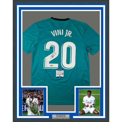 Framed Autographed/Signed Vini Vinicius Jr. 33x42 Real Madrid Jersey BAS COA