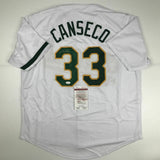 Autographed/Signed JOSE CANSECO Oakland White Baseball Jersey JSA COA Auto