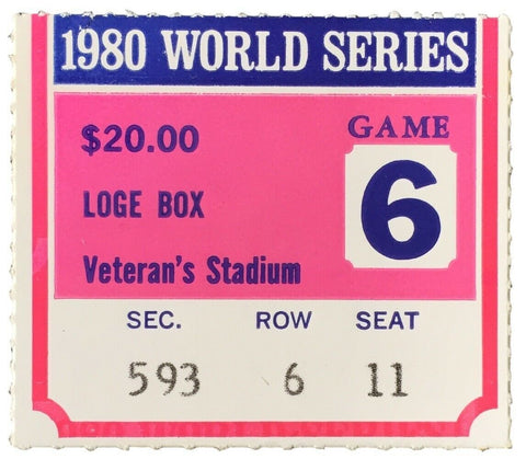 1980 World Series Game 6 Loge Box Ticket Stub Phillies vs Royals