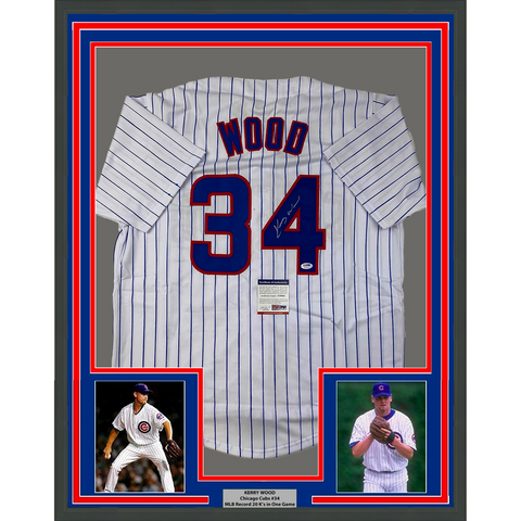 Framed Autographed/Signed Kerry Wood 33x42 Pinstripe Jersey PSA/DNA COA