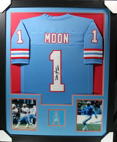 WARREN MOON (Oilers blue TOWER) Signed Autographed Framed Jersey JSA