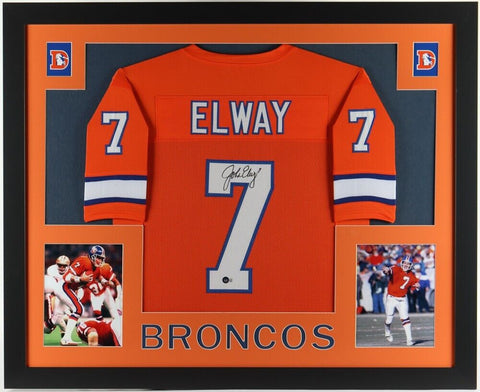 John Elway Signed 35x43 Framed Denver Bronco Jersey (Beckett) 2xSuper Bowl Champ