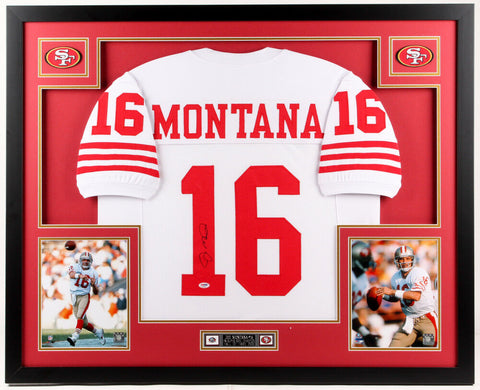 Joe Montana Signed San Francisco 49ers 35x43 Custom Framed Jersey Display (PSA)