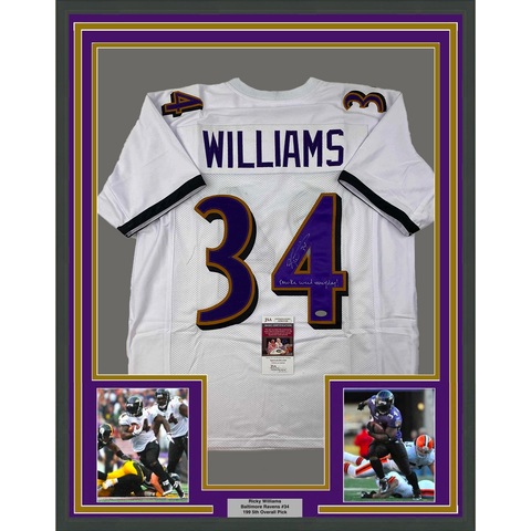 Framed Autographed/Signed Ricky Williams 33x42 Baltimore White Jersey JSA COA