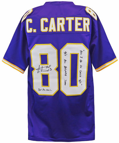 Cris Carter Signed Purple Custom Jersey w/HOF, Catch TD's +2-INS -(SCHWARTZ COA)
