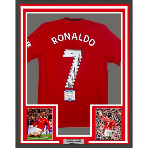 Framed Autographed/Signed Cristiano Ronaldo 33x42 Red Soccer Jersey BAS COA