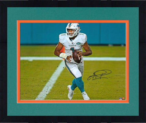 Frmd Tua Tagovailoa Dolphins Signed 16" x 20" White Jersey Rolling Out Photo