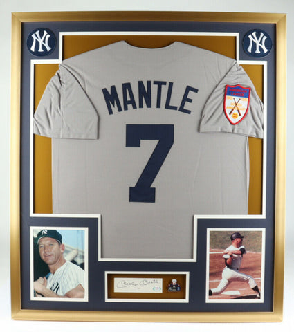 Mickey Mantle Signed 32x36 Framed Cut Display / New York Yankee Jersey (PSA LOA)