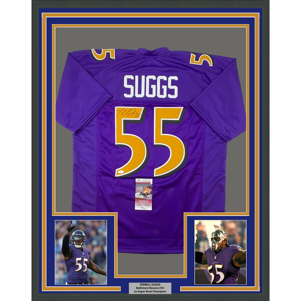 Framed Autographed/Signed Terrell Suggs 33x42 Baltimore Football Jersey JSA COA