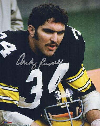 Andy Russell Signed Steelers Black Jersey Holding Helmet 8x10 Photo (SS COA)