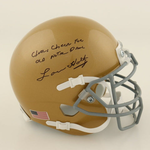 Lou Holtz Signed Fighting Irish Mini Helmet "Cheer, Cheer, For Old Notre Dame"