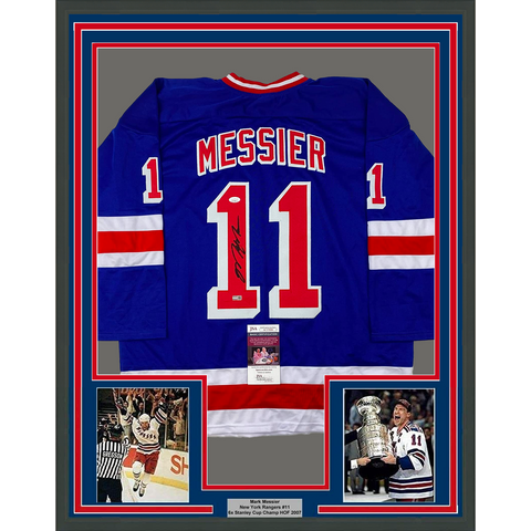 Framed Autographed/Signed Mark Messier 33x42 New York Blue Hockey Jersey JSA COA