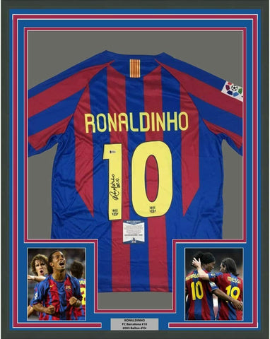 FRAMED Autographed/Signed RONALDINHO 33x42 FC Barcelona Blue Soccer Jersey Becke