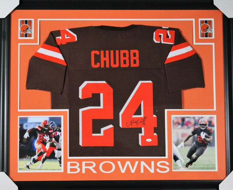 Nick Chubb Signed Brown 35" x 43" Framed Pro Style Jersey (JSA COA) #2 Pick