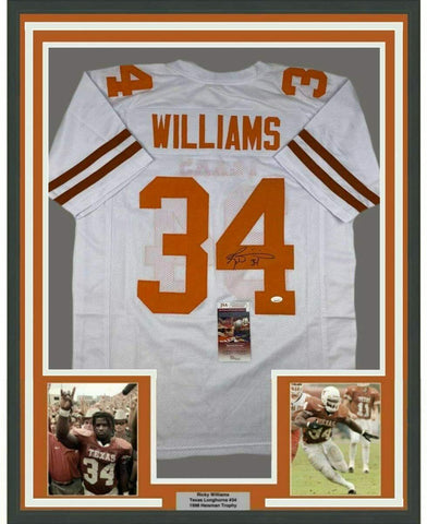 Framed Autographed/Signed Ricky Williams 33x42 Texas White Jersey JSA COA Auto