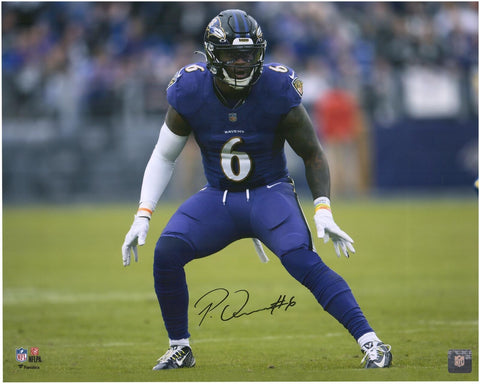Patrick Queen Baltimore Ravens Signed 16x20 Purple Back Pedal Photograph