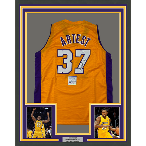 Framed Autographed/Signed Ron Artest 33x42 Los Angeles Yellow Jersey PSA/DNA COA