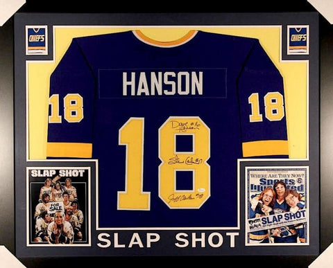 Hanson Brothers Signed "Slap Shot" Chiefs 35x43 Custom Framed Jersey Signed by 3